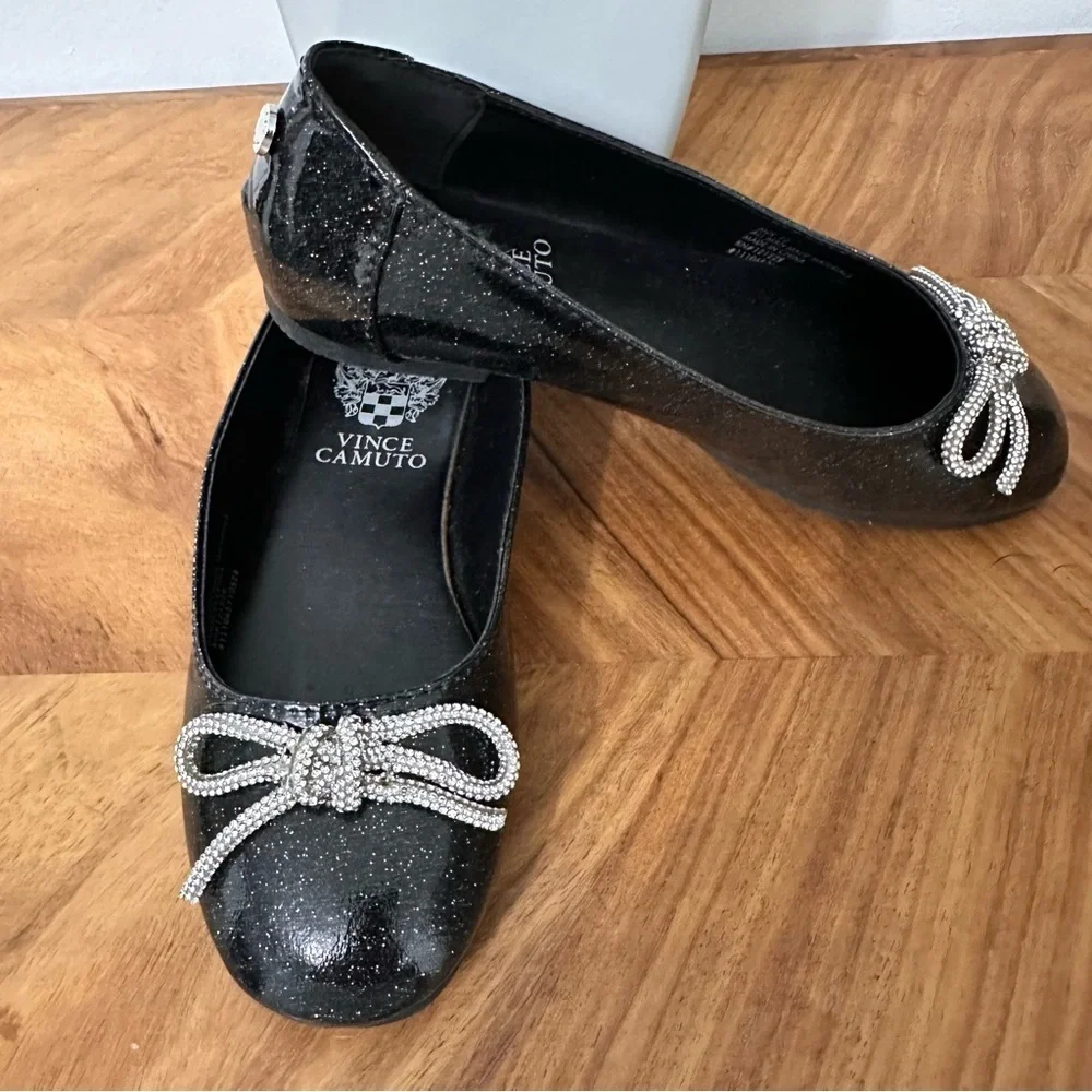 Vince Camuto Little Girls Black Sparkle Ballet Flats Silver Bow SZ 13 Party EUC